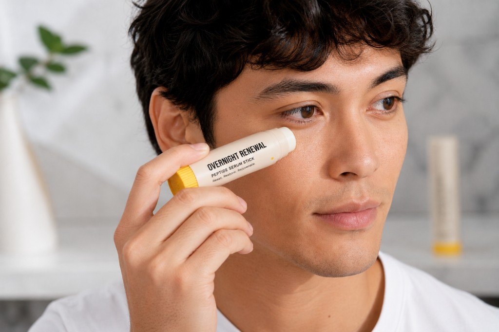 Overnight Renewal Peptide Stick applied to the cheek as part of an evening routine