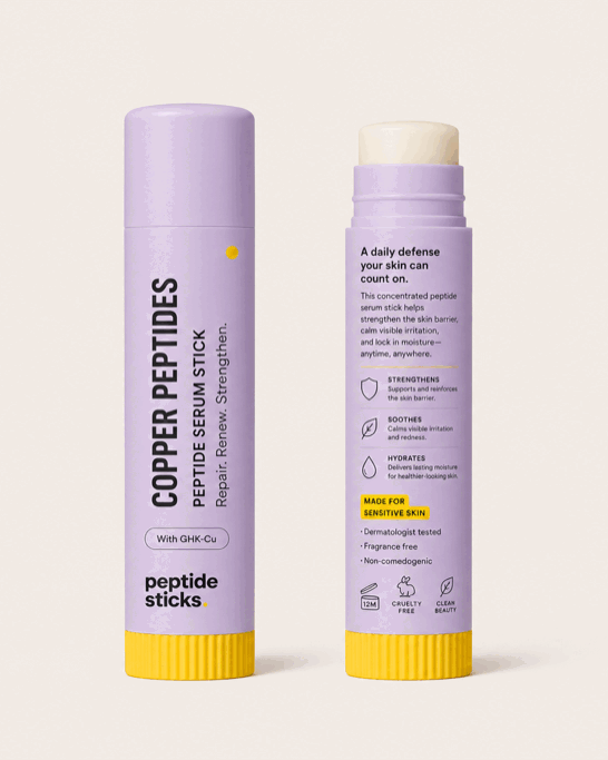 The Copper Peptides balm stick shown front and back, one twisted up to show the solid balm